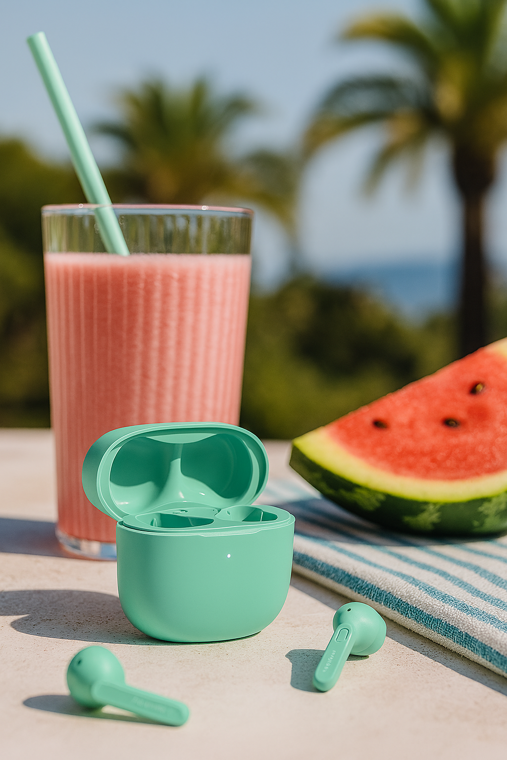 Mint green wireless earbuds with a glass of pink smoothie and watermelon slice on a beach setting.