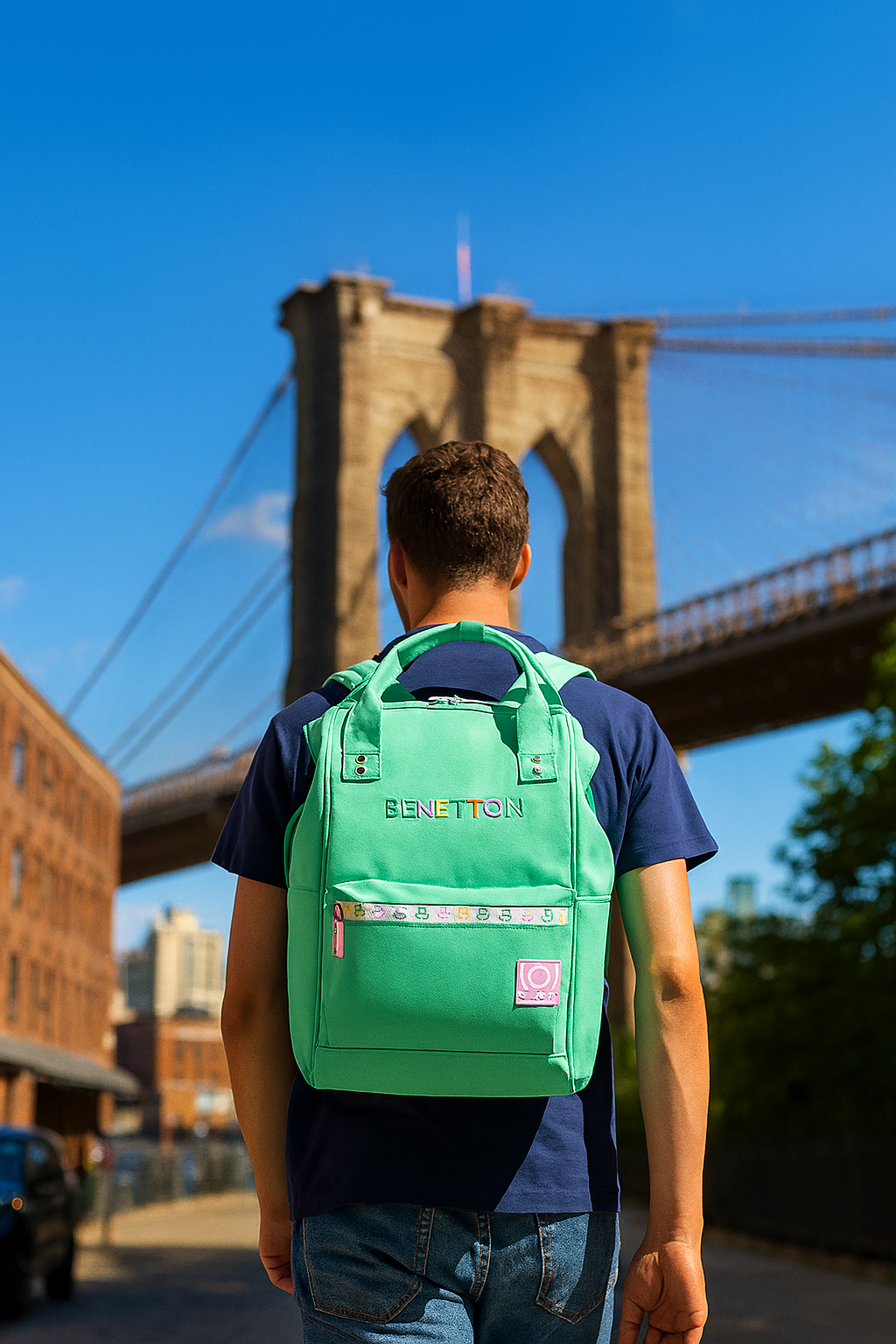 Person wearing a green backpack with a bridge in the background