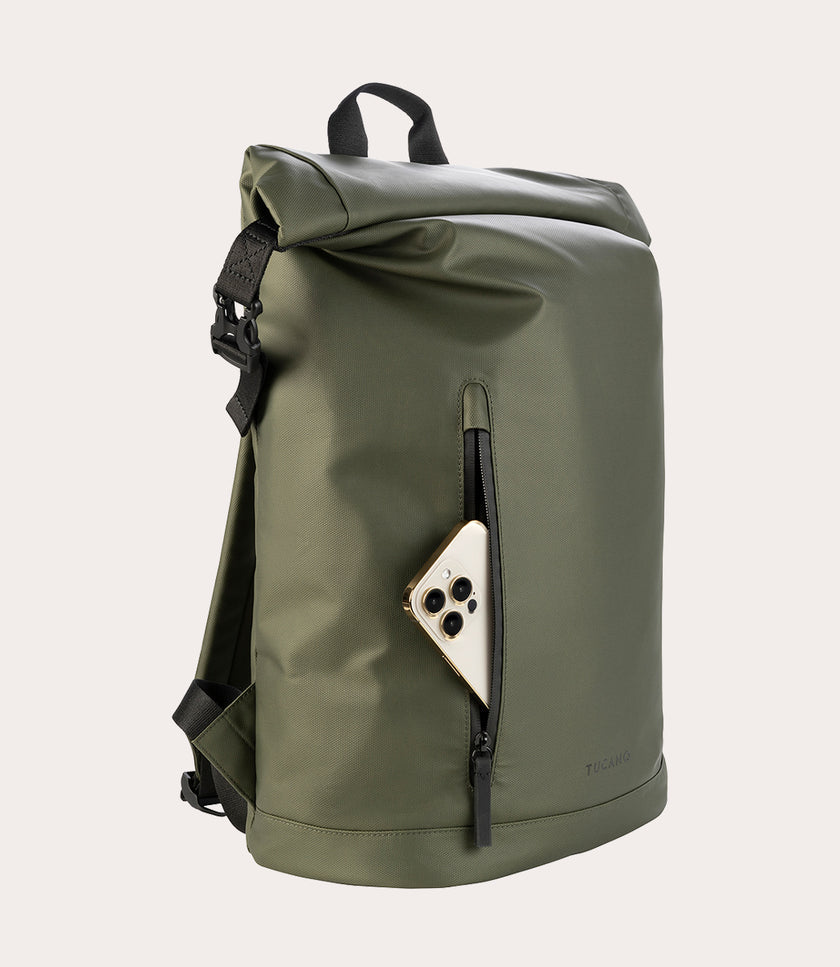 Tucano Rollo Roll‑Top Laptop Backpack – Military Green (Fits up to 15.6″, Waterproof Recycled Fabric)