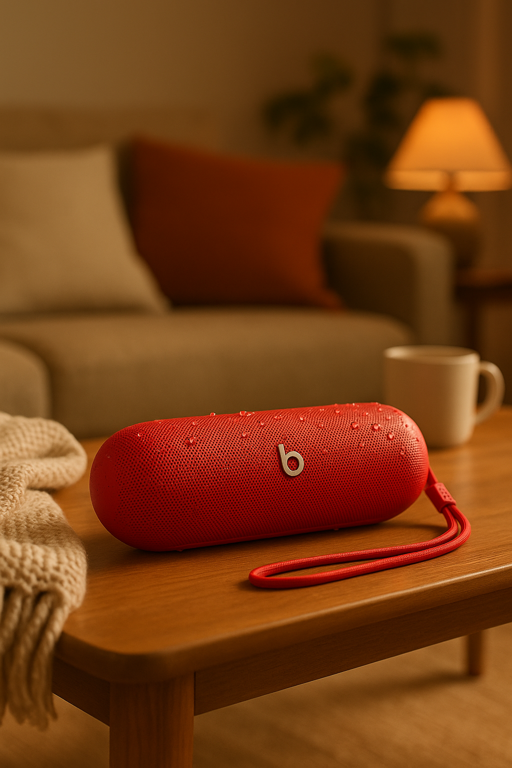 Red Beats speaker on a wooden table with a blurred living room background